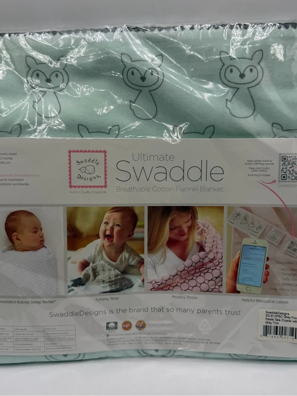 SwaddleDesigns Ultimate Swaddle Blanket Gray Fox Sea Crystal 42x42 NIP USA